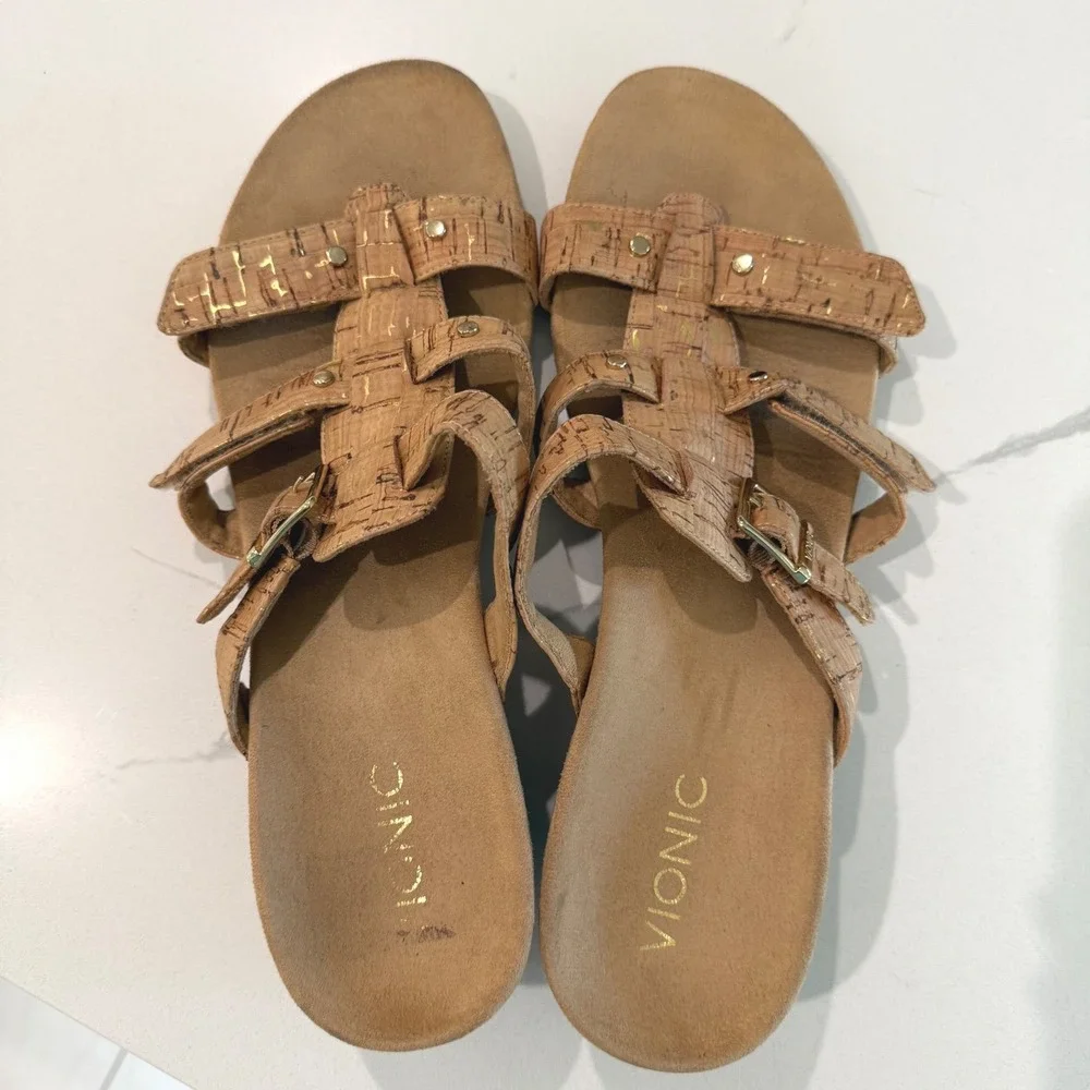 Vionic Radia Cork Gold Metallic Wedge Sandals Womens Size‎ 11 Adjustable Straps